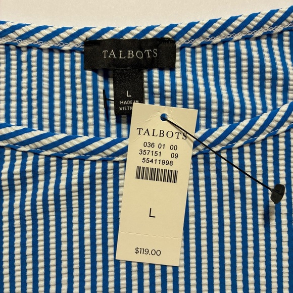 Talbots Seersucker Dress Blue White Striped Flutter Sleeve Size Large NWT - Picture 7 of 7